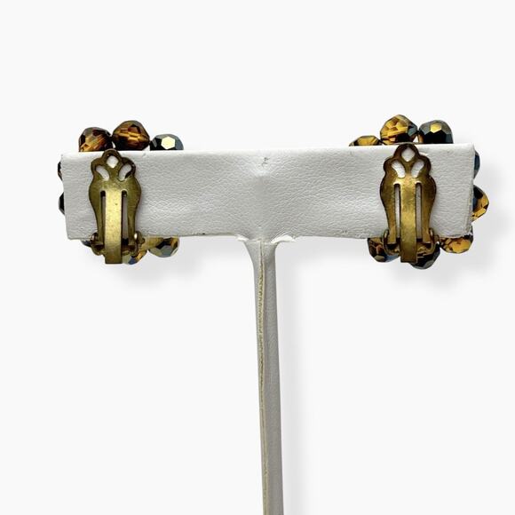 Vintage Brooch And Cluster Clip Earrings Brown AB Rhinestones Beads Gold Tone - Picture 6 of 13